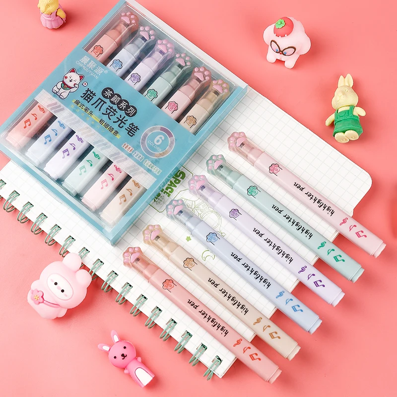 Pastel Highlighter Set Double Ended - 6 stks/pak Kawaii Cat Claw Pastelkleur
